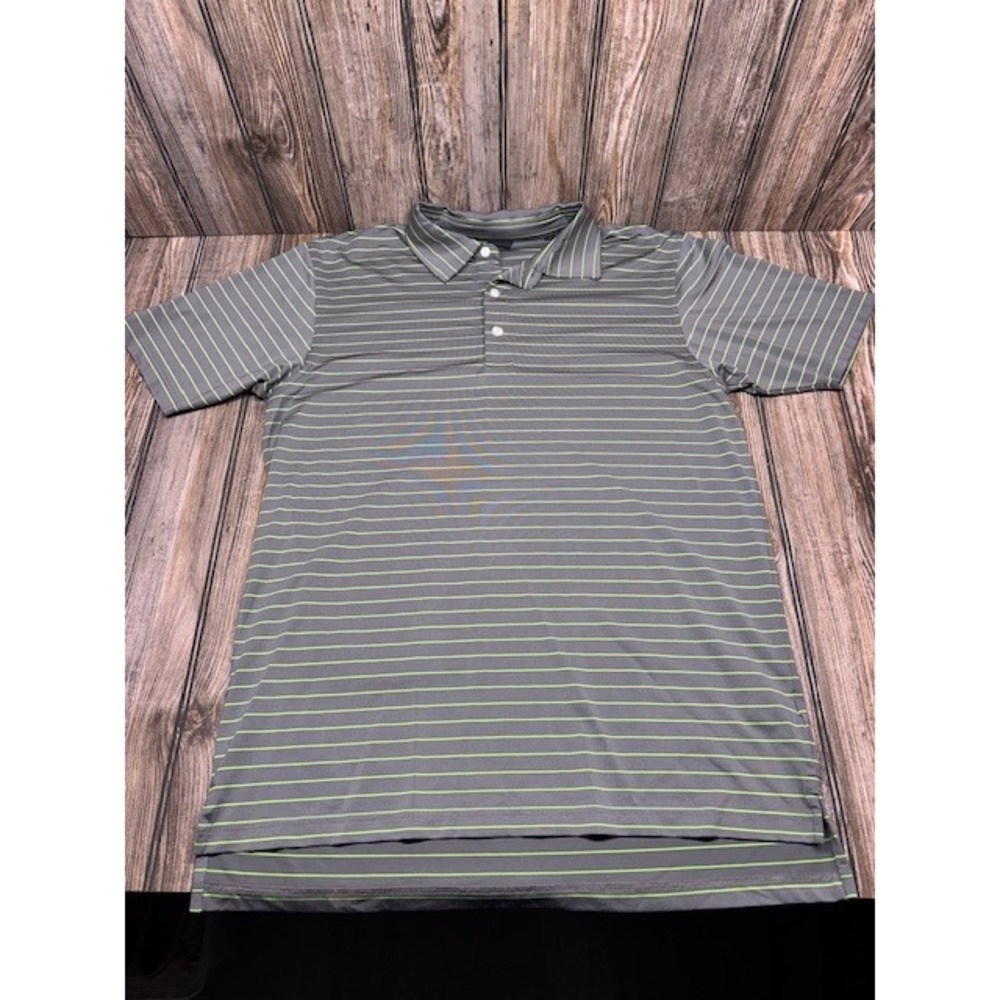 Dunning Golf Mens Large Polo Shirt Grey Lime Green Striped Short Sleeve DN800334